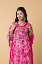 Nice Pink colour Kaftan / Gown Hand embroided  skin freindly printed semi georgette Long Kurti Lucknow Chikan Emporium.