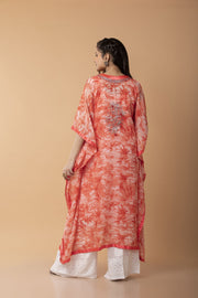 Nice peach colour Kaftan / Gown Hand embroided  skin freindly printed semi georgette Long Kurti Lucknow Chikan Emporium.