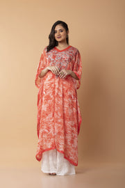 Nice peach colour Kaftan / Gown Hand embroided  skin freindly printed semi georgette Long Kurti Lucknow Chikan Emporium.