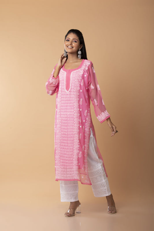 Nice pink Colour Hand Chikankari Skin freindly semi georgette Long kurti Lucknow Chikan Emporium.