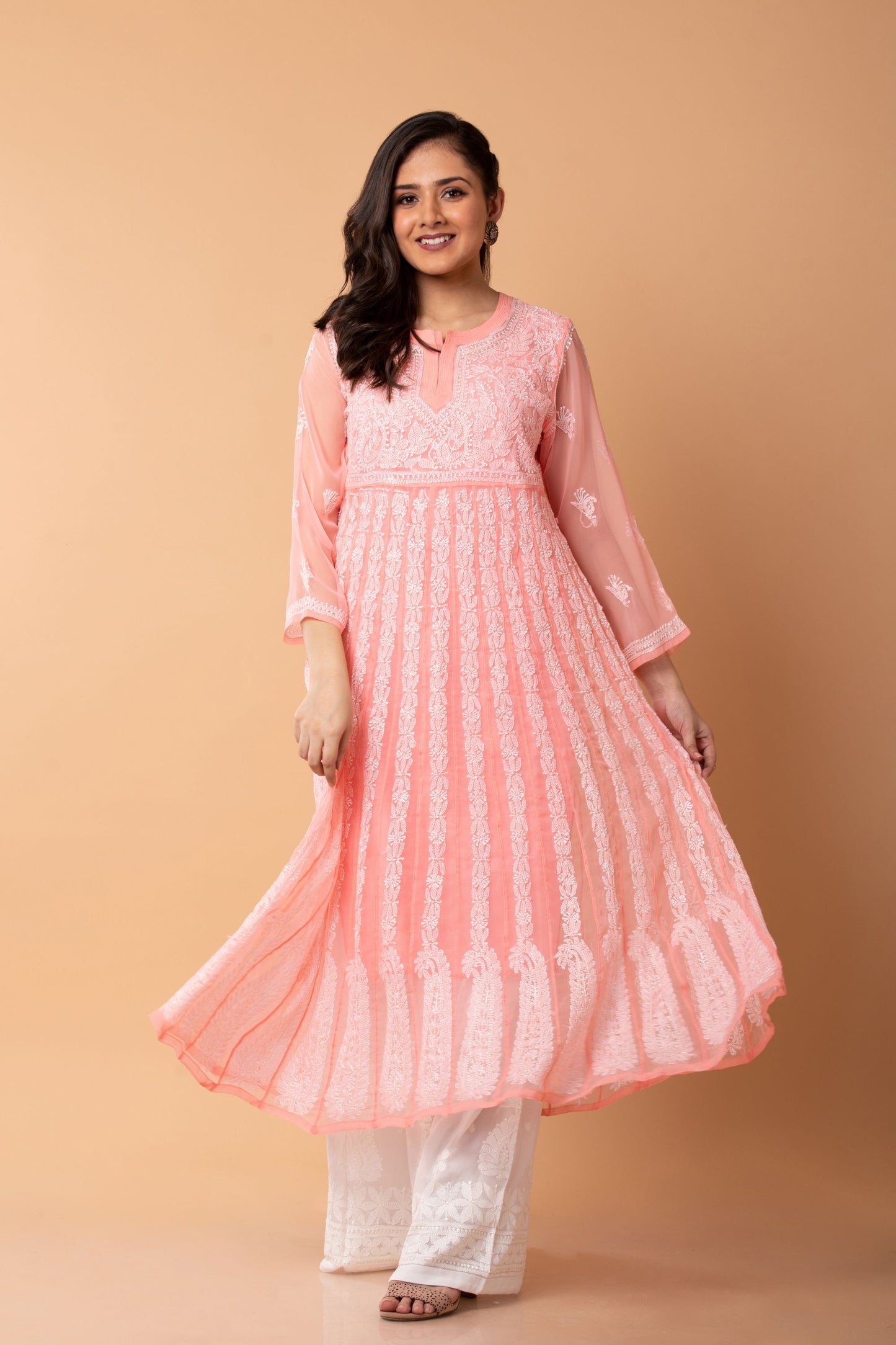 Lucknow Chikan Emporium Hand Chikankari Semi Georgette nice Peach Anarkali Kurti.