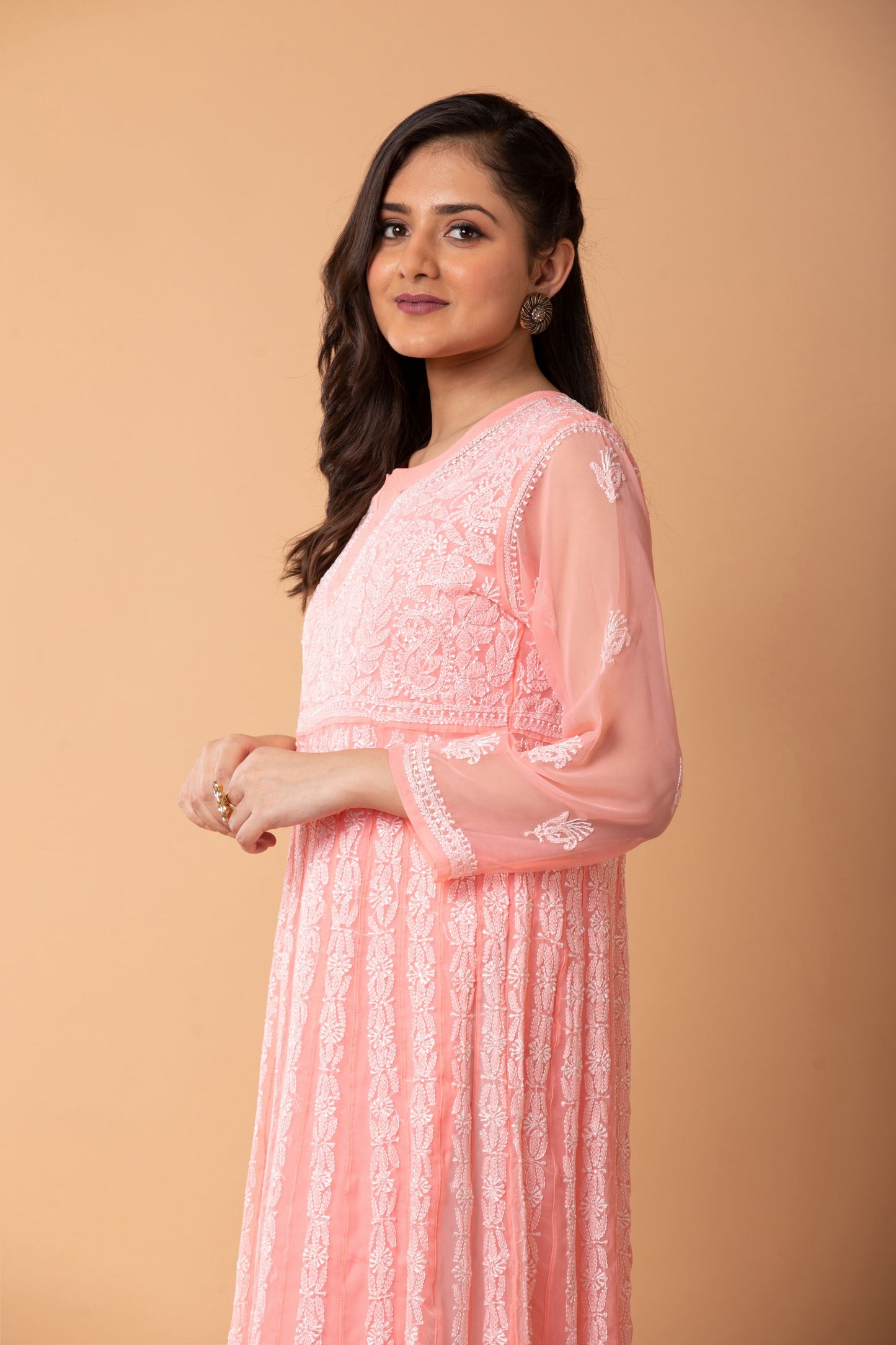 Lucknow Chikan Emporium Hand Chikankari Semi Georgette nice Peach Anarkali Kurti.