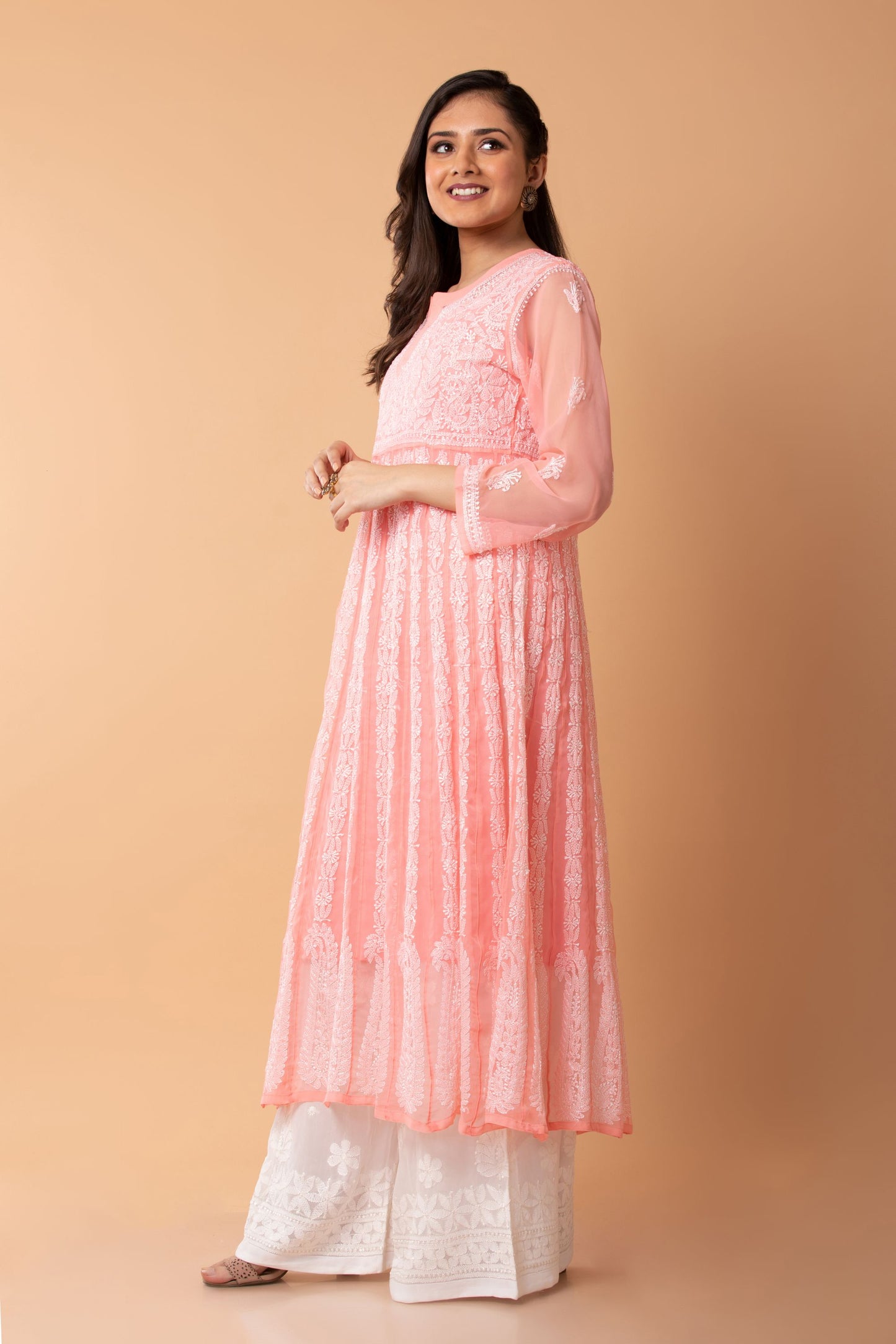 Lucknow Chikan Emporium Hand Chikankari Semi Georgette nice Peach Anarkali Kurti.