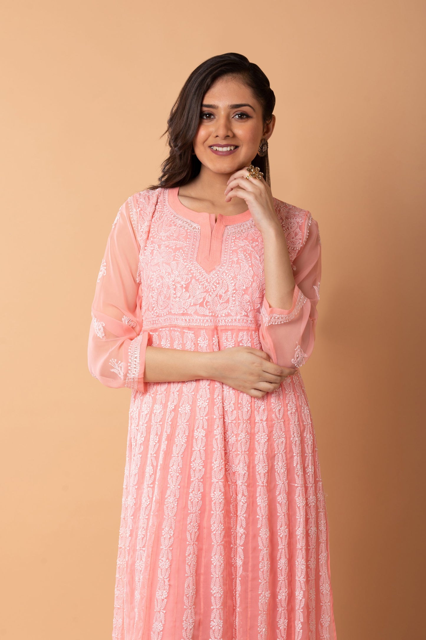 Lucknow Chikan Emporium Hand Chikankari Semi Georgette nice Peach Anarkali Kurti.