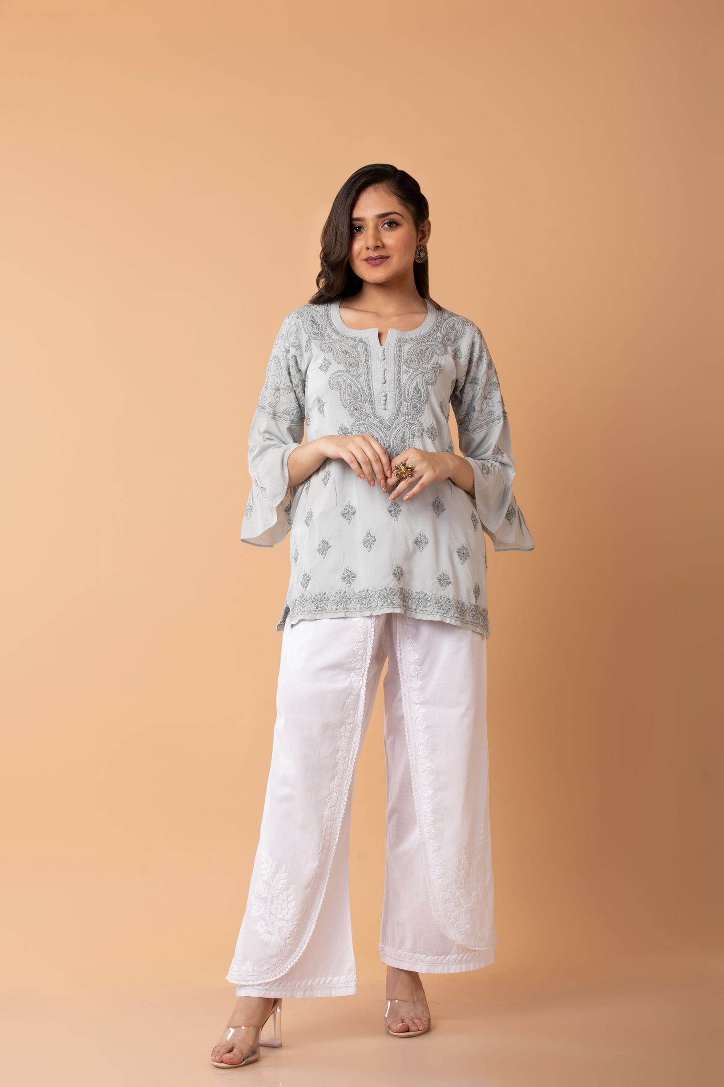 Lucknow Chikan Emporium Hand Chikankari Skin freindly soft cotton short kurti Nice grey Colour.