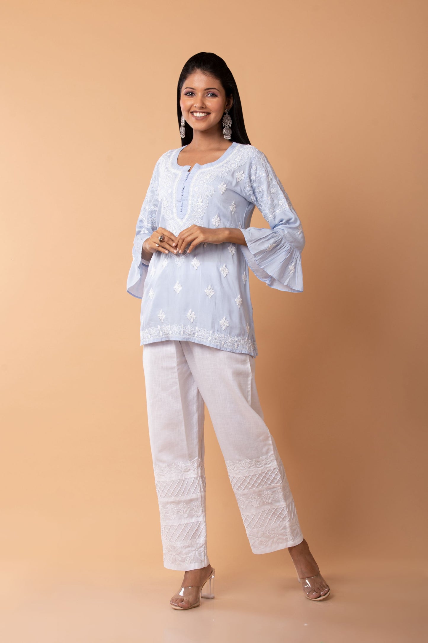 Lucknow Chikan Emporium Hand Chikankari Skin freindly soft cotton short kurti Nice very light blue  Colour.