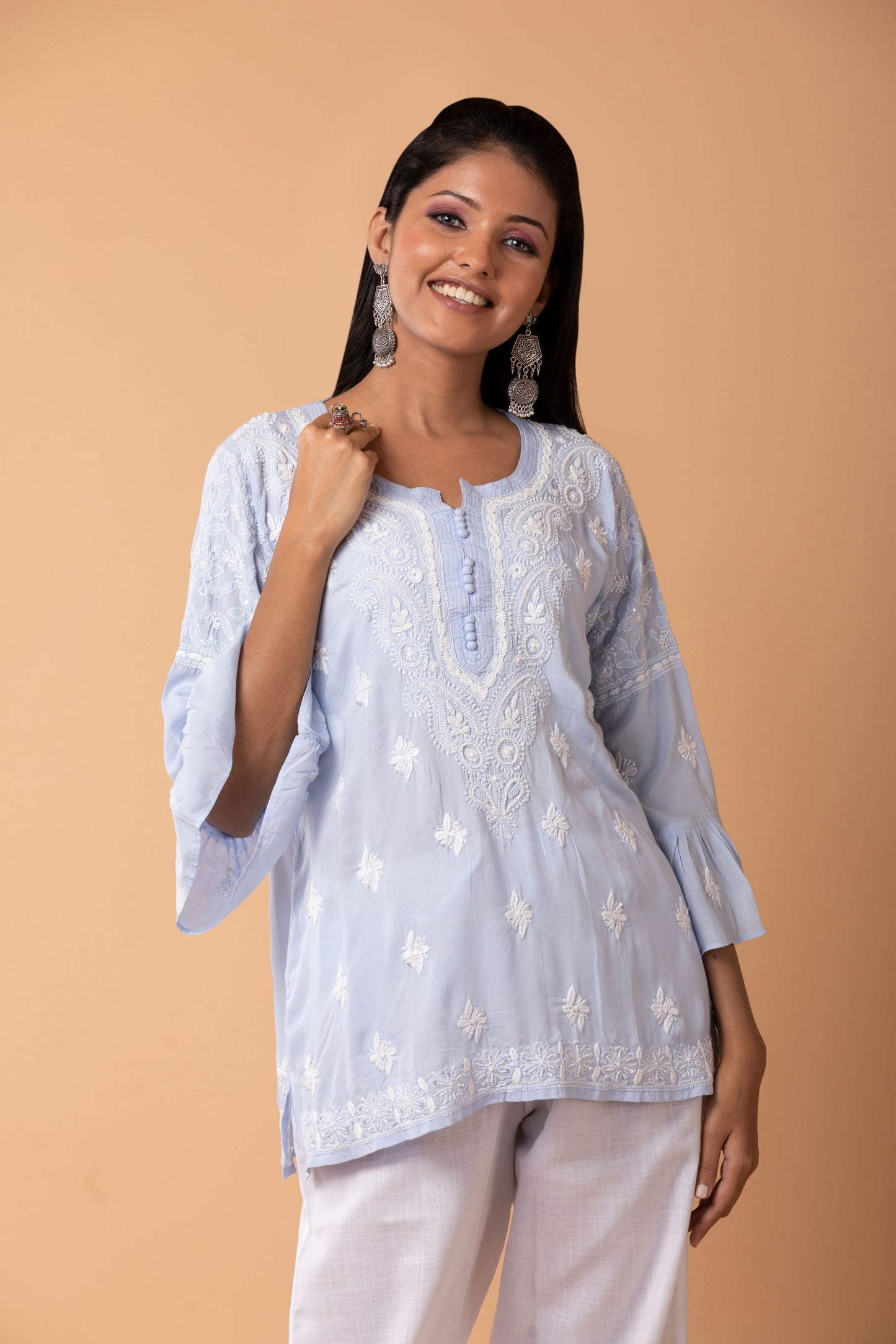 Lucknow Chikan Emporium Hand Chikankari Skin freindly soft cotton short kurti Nice very light blue  Colour.