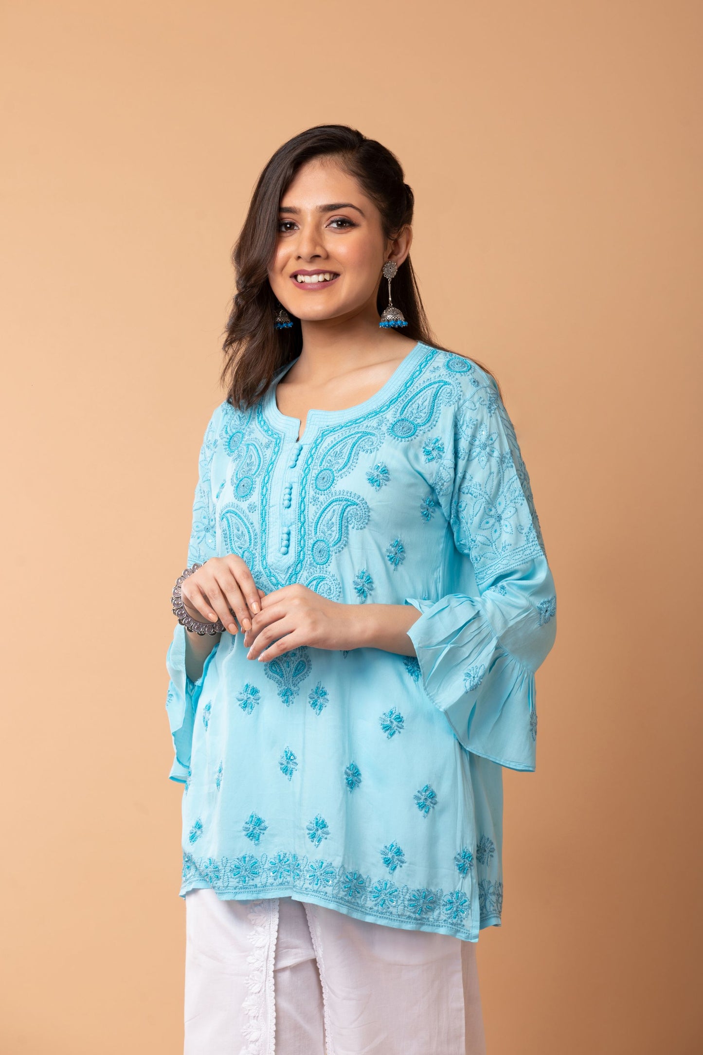 Lucknow Chikan Emporium Hand Chikankari Skin freindly soft cotton short kurti Nice blue Colour.