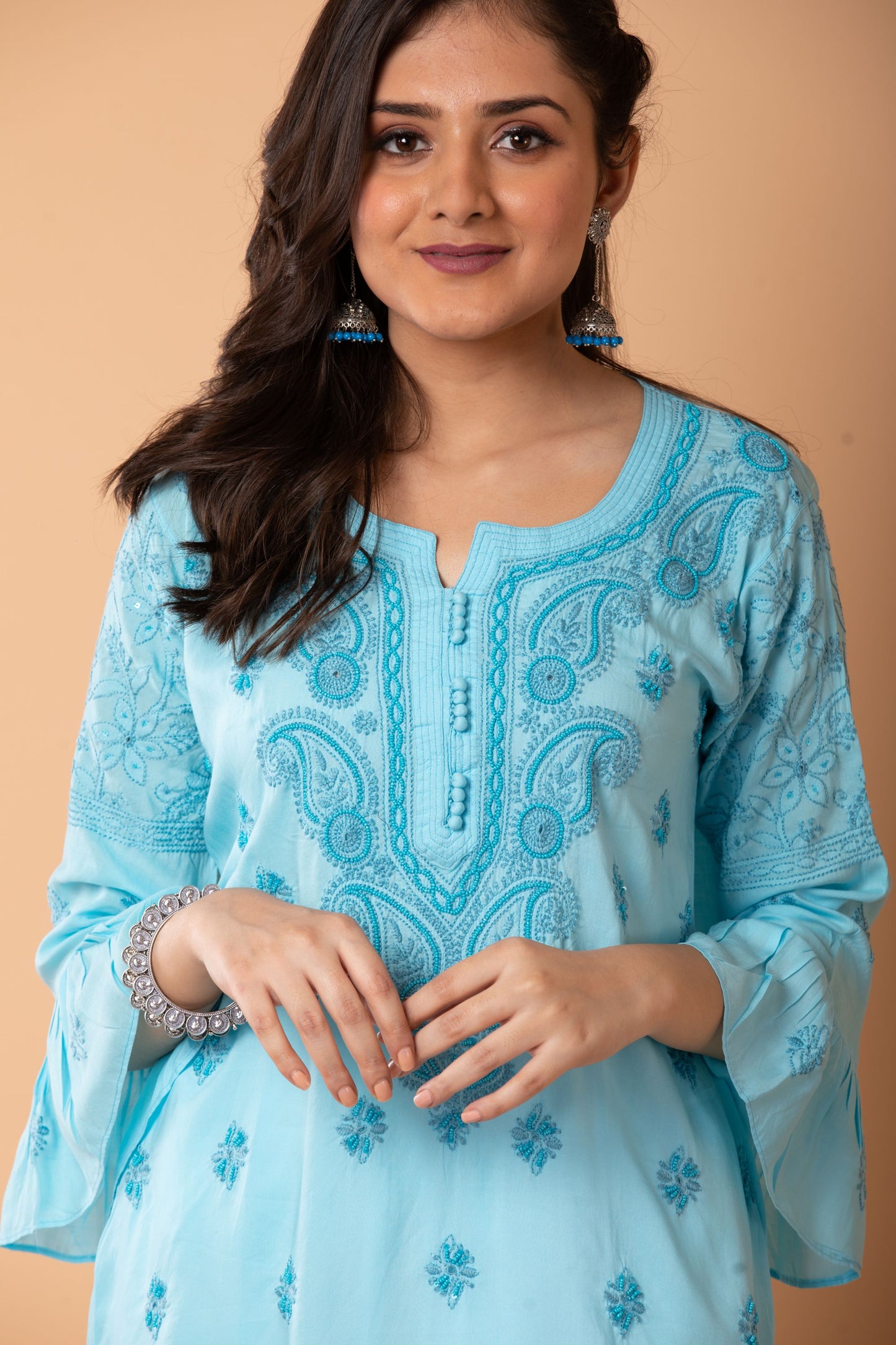 Lucknow Chikan Emporium Hand Chikankari Skin freindly soft cotton short kurti Nice blue Colour.