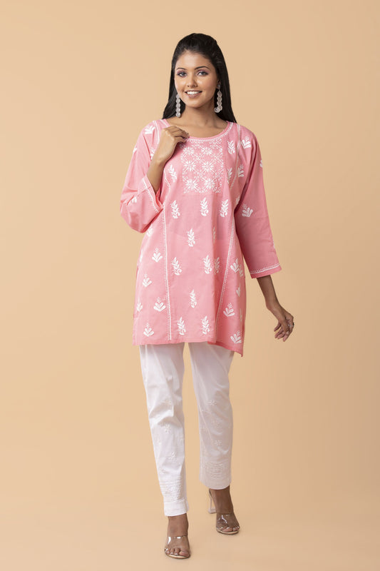 Lucknow Chikan Emporium Hand Chikankari Skin freindly soft cotton short kurti Nice pink Colour.