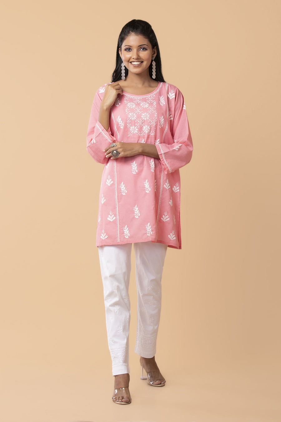 Lucknow Chikan Emporium Hand Chikankari Skin freindly soft cotton short kurti Nice pink Colour.
