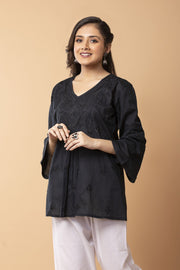 Lucknow Chikan Emporium Hand Chikankari Skin freindly soft cotton short kurti Elegant Black  Colour.