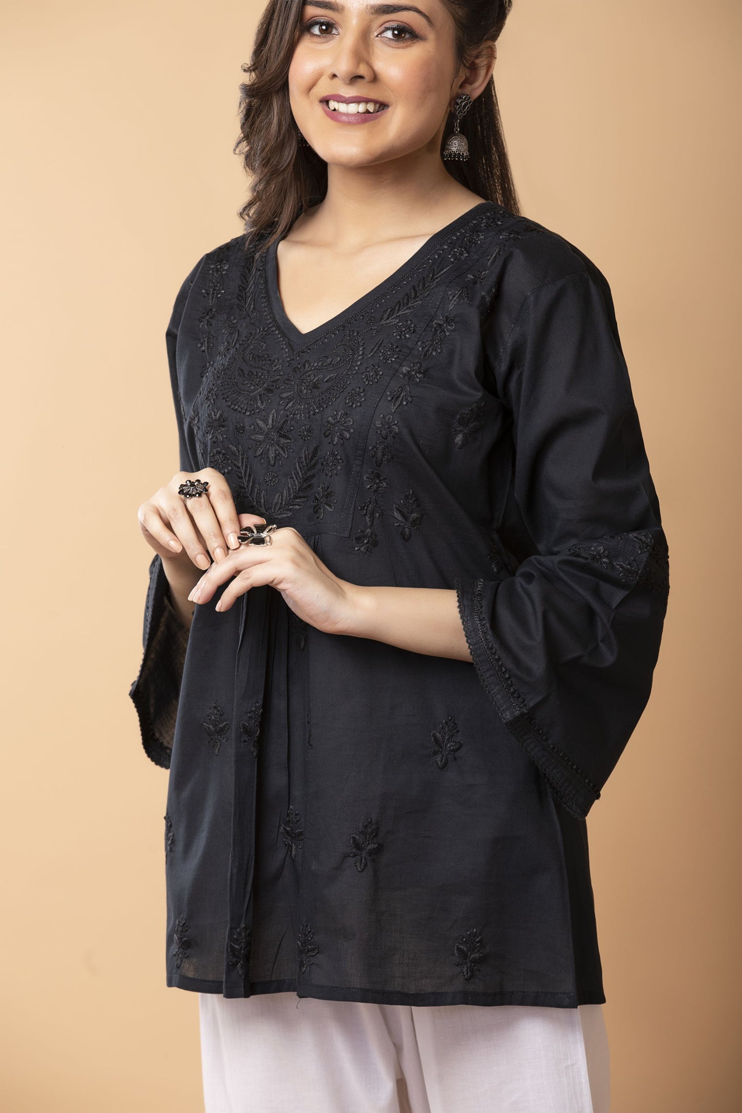 Lucknow Chikan Emporium Hand Chikankari Skin freindly soft cotton short kurti Elegant Black  Colour.