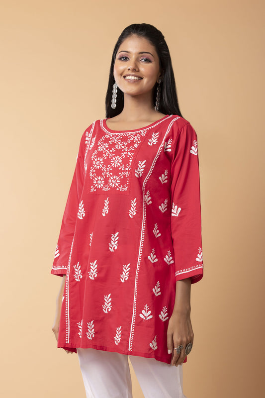 Lucknow Chikan Emporium Hand Chikankari Skin freindly soft cotton short kurti Nice Red Colour.