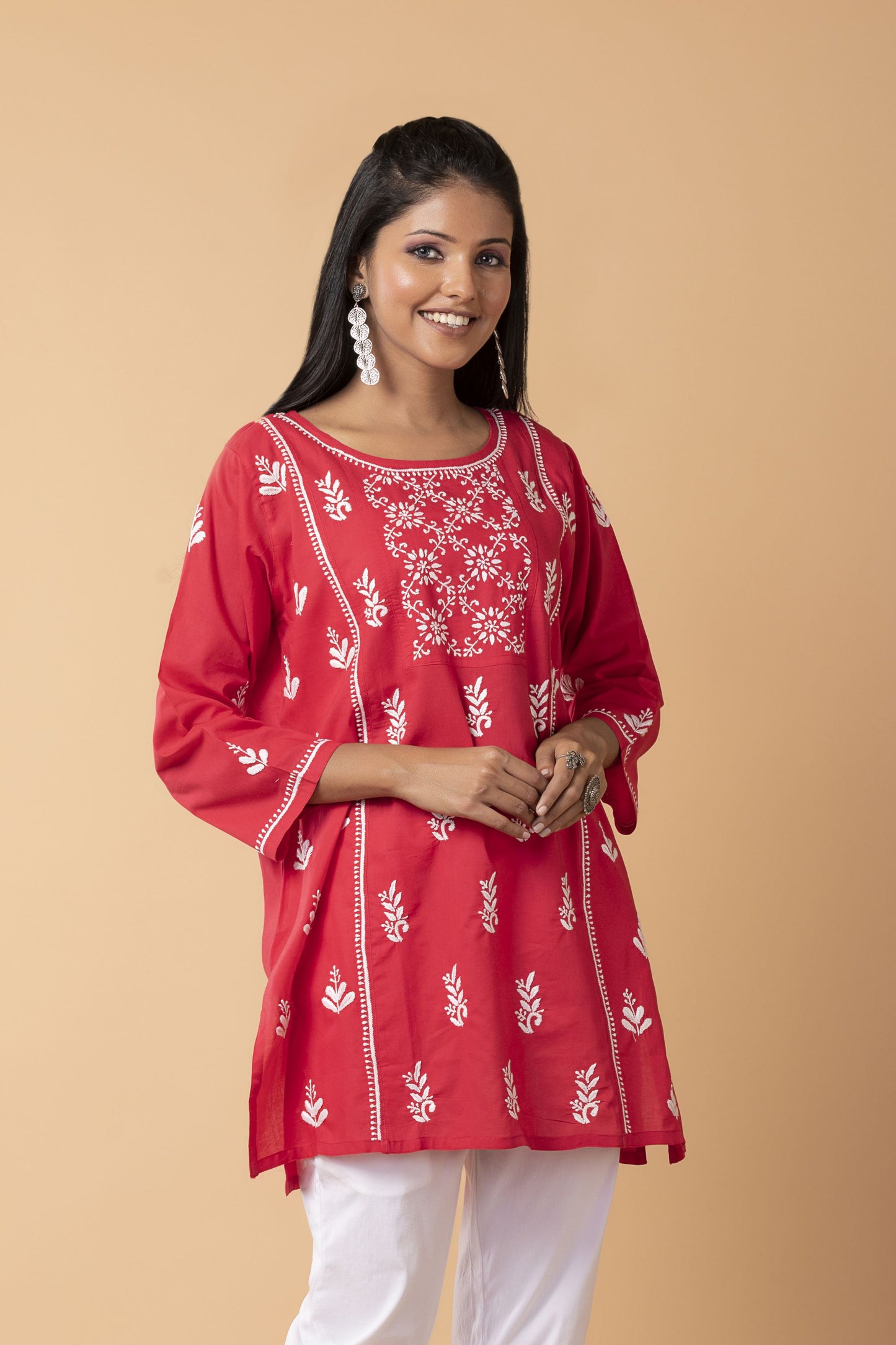 Lucknow Chikan Emporium Hand Chikankari Skin freindly soft cotton short kurti Nice Red Colour.