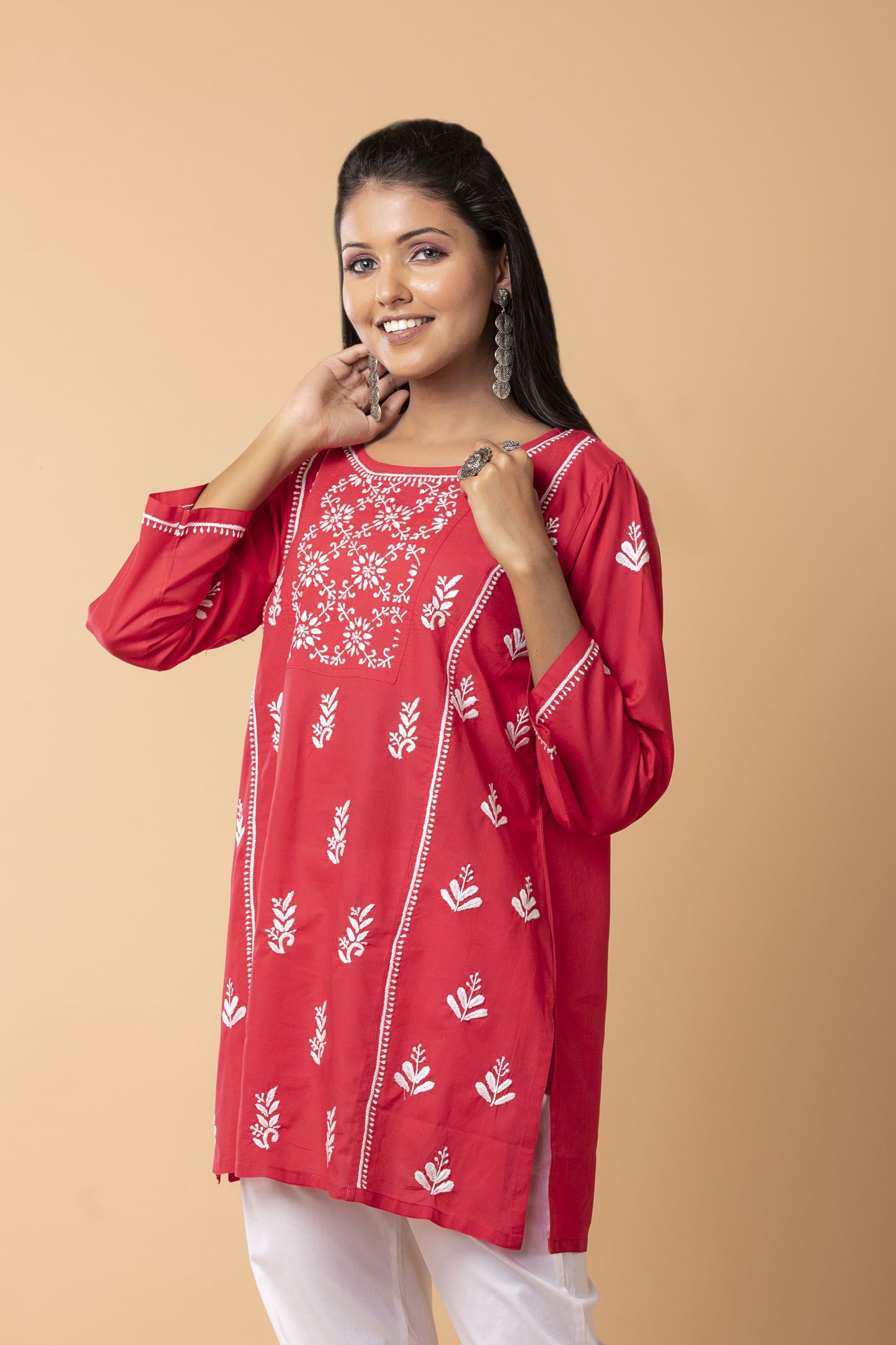 Lucknow Chikan Emporium Hand Chikankari Skin freindly soft cotton short kurti Nice Red Colour.