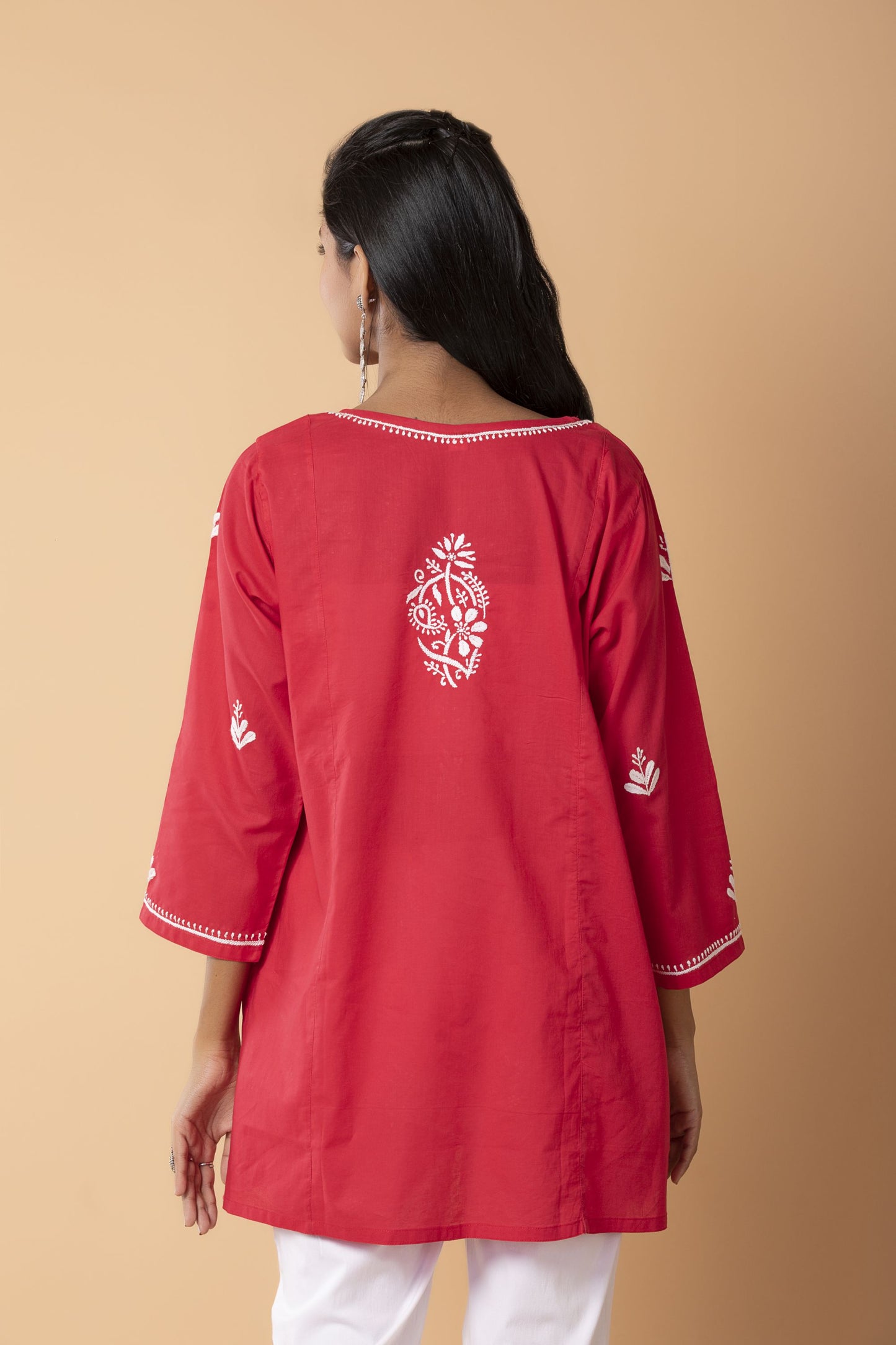 Lucknow Chikan Emporium Hand Chikankari Skin freindly soft cotton short kurti Nice Red Colour.