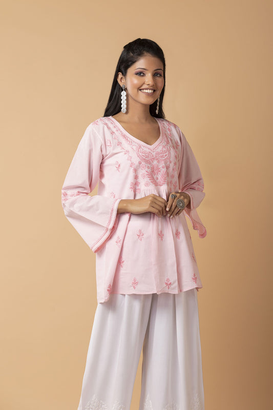 Lucknow Chikan Emporium Hand Chikankari Skin freindly soft cotton short kurti Nice Pink Colour.