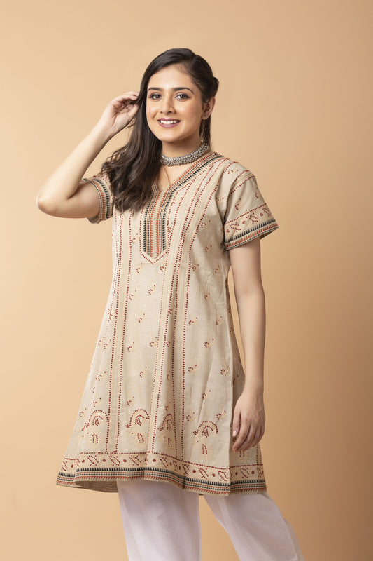 Lucknow Chikan Emporium Hand Chikankari  south Cotton Long kurti Nice Fawn Colour.