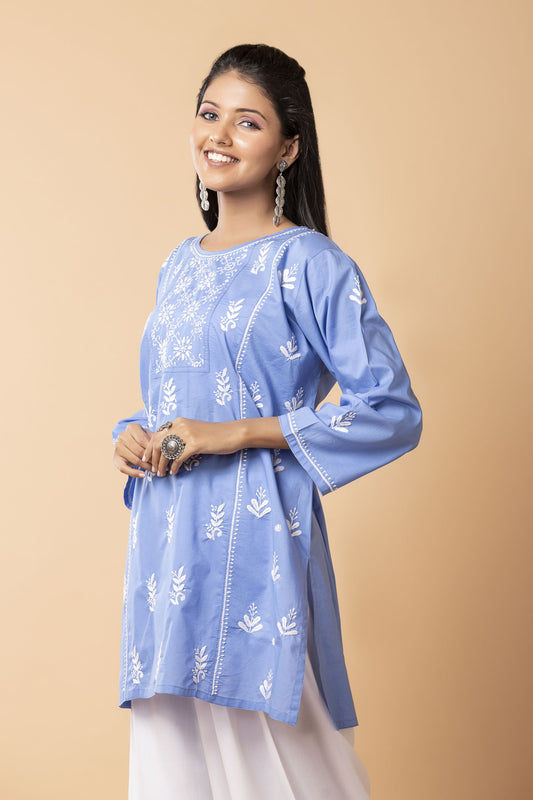 Lucknow Chikan Emporium Hand Chikankari Skin freindly soft cotton short kurti Nice Blue Colour.