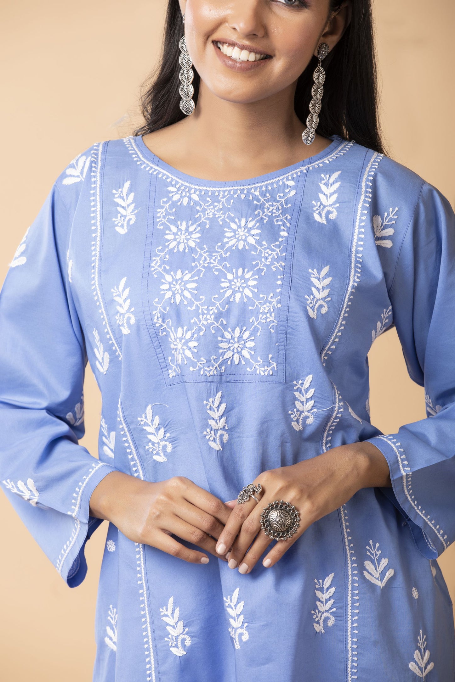 Lucknow Chikan Emporium Hand Chikankari Skin freindly soft cotton short kurti Nice Blue Colour.