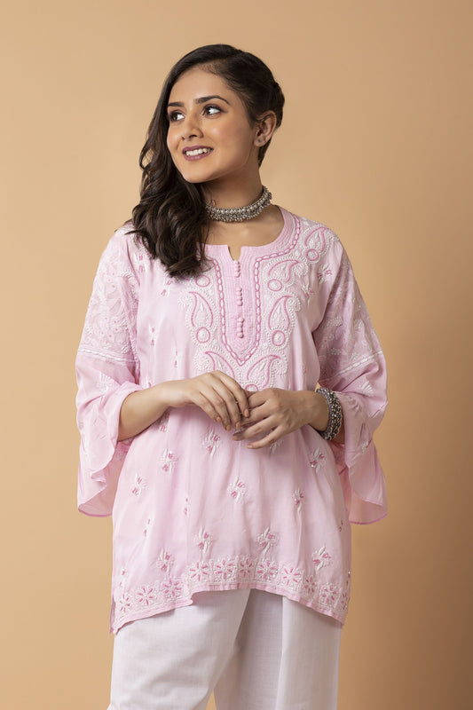 Lucknow Chikan Emporium Hand Chikankari Skin freindly soft cotton short kurti Nice Pink  Colour.