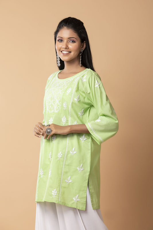 Lucknow Chikan Emporium Hand Chikankari Skin freindly soft cotton short kurti Nice light Green Colour.