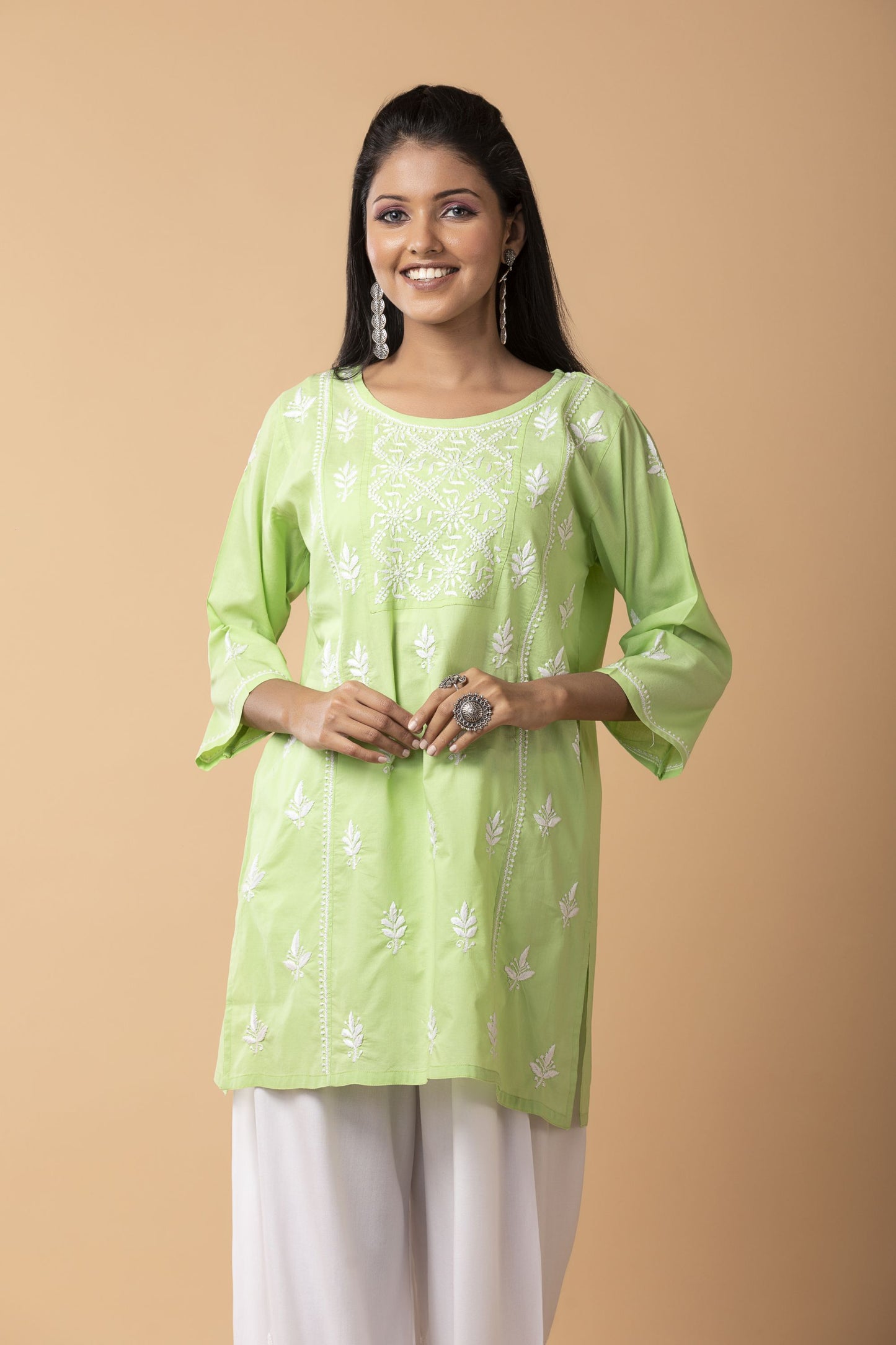 Lucknow Chikan Emporium Hand Chikankari Skin freindly soft cotton short kurti Nice light Green Colour.