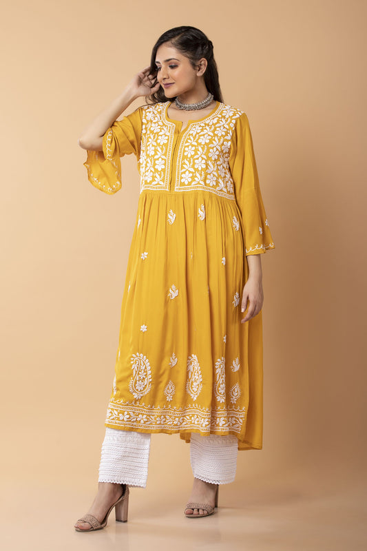 Hand Embroided Cotton Rayon Chikankari Yellow Angarkha  Lucknow Chikan Emporium