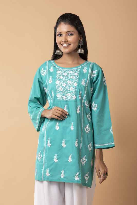 Soft cotton short kurti Nice Green Colour Lucknow Chikan Emporium Hand Chikankari Skin freindly