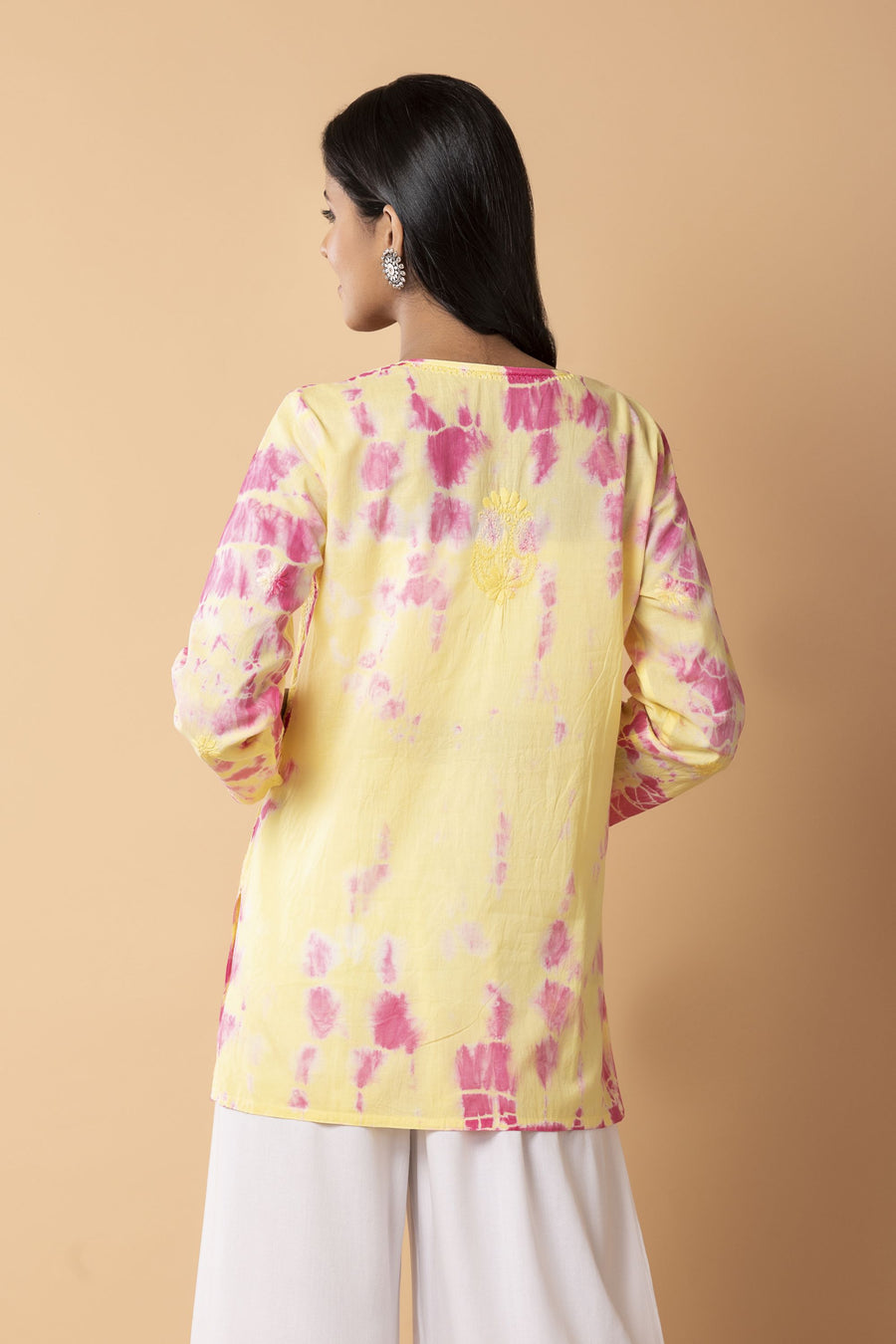 Lucknow Chikan Emporium Hand Chikankari Skin freindly soft cotton short tye dye  kurti Nice yellow and pink Colour