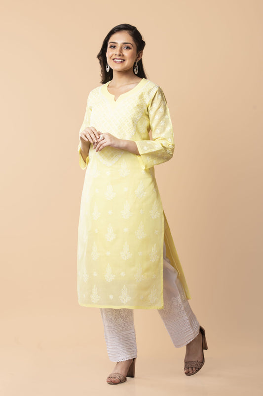 Nice lemon yellow  Colour Hand Chikankari Skin freindly cotton Long kurti Lucknow Chikan Emporium.