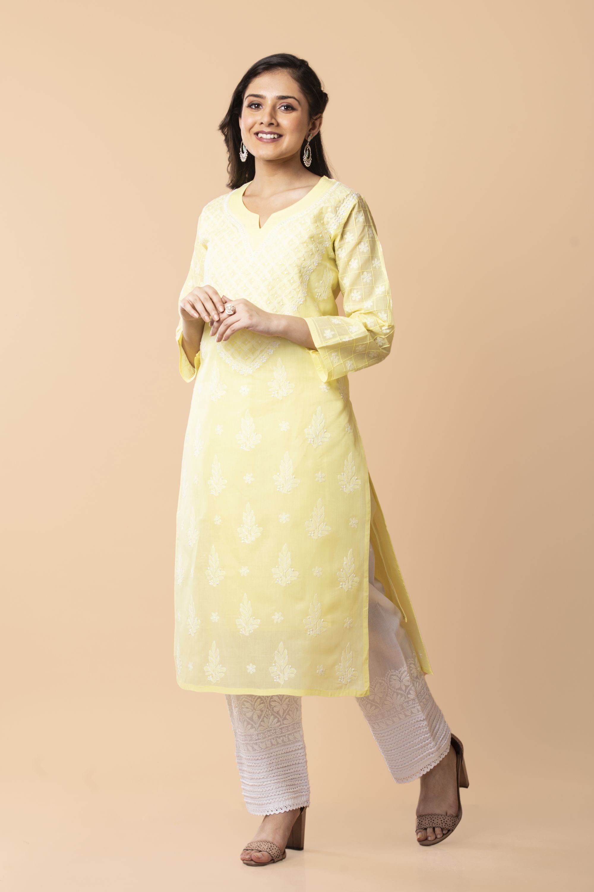 Women Lucknowi Chikan Yellow Cotton Straight Kurti