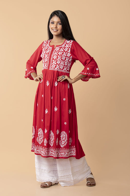 Lucknow Chikan Emporium Hand embroided cotton rayon Chikankari Red Angarkha.