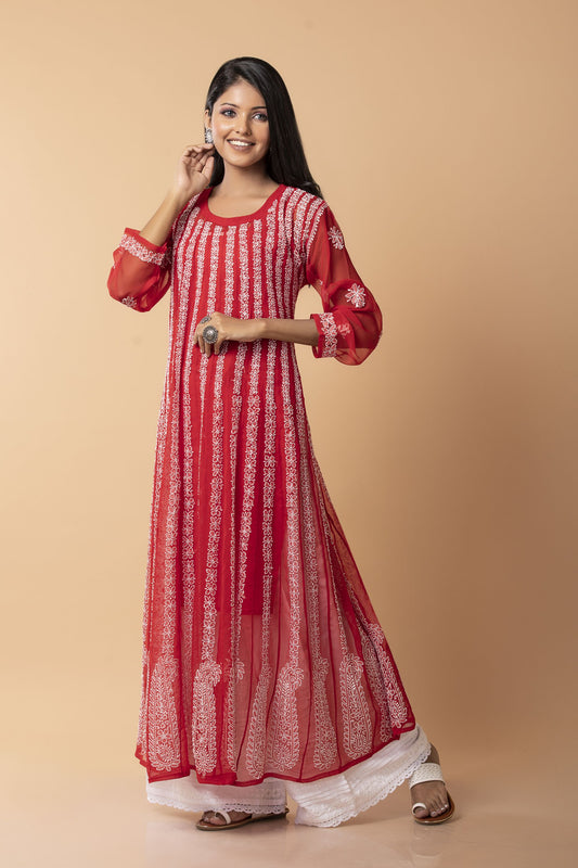 Lucknow Chikan Emporium Hand Chikankari   Semi  Georgette nice Red Anarkali Kurti