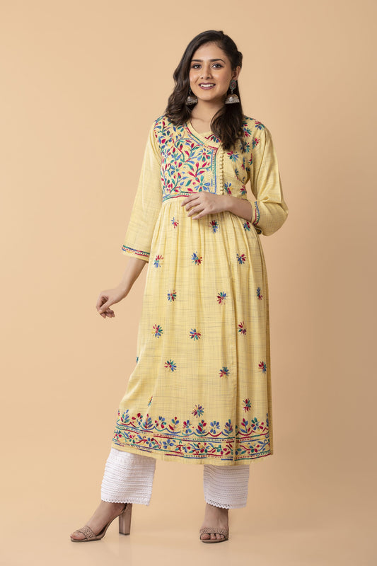 Lucknow Chikan Emporium Hand embroided cotton rayon Chikankari light mustard  Angarkha kurti