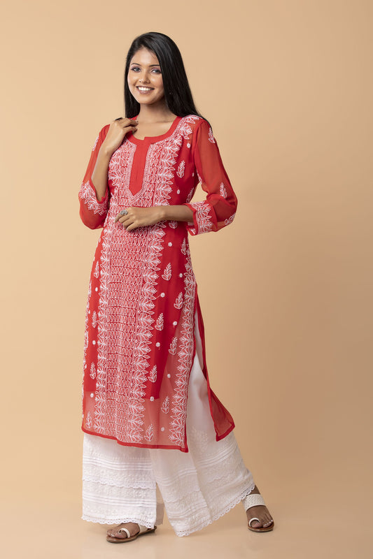 Nice Red Colour Hand Chikankari Skin freindly semi georgette Long kurti Lucknow Chikan Emporium.