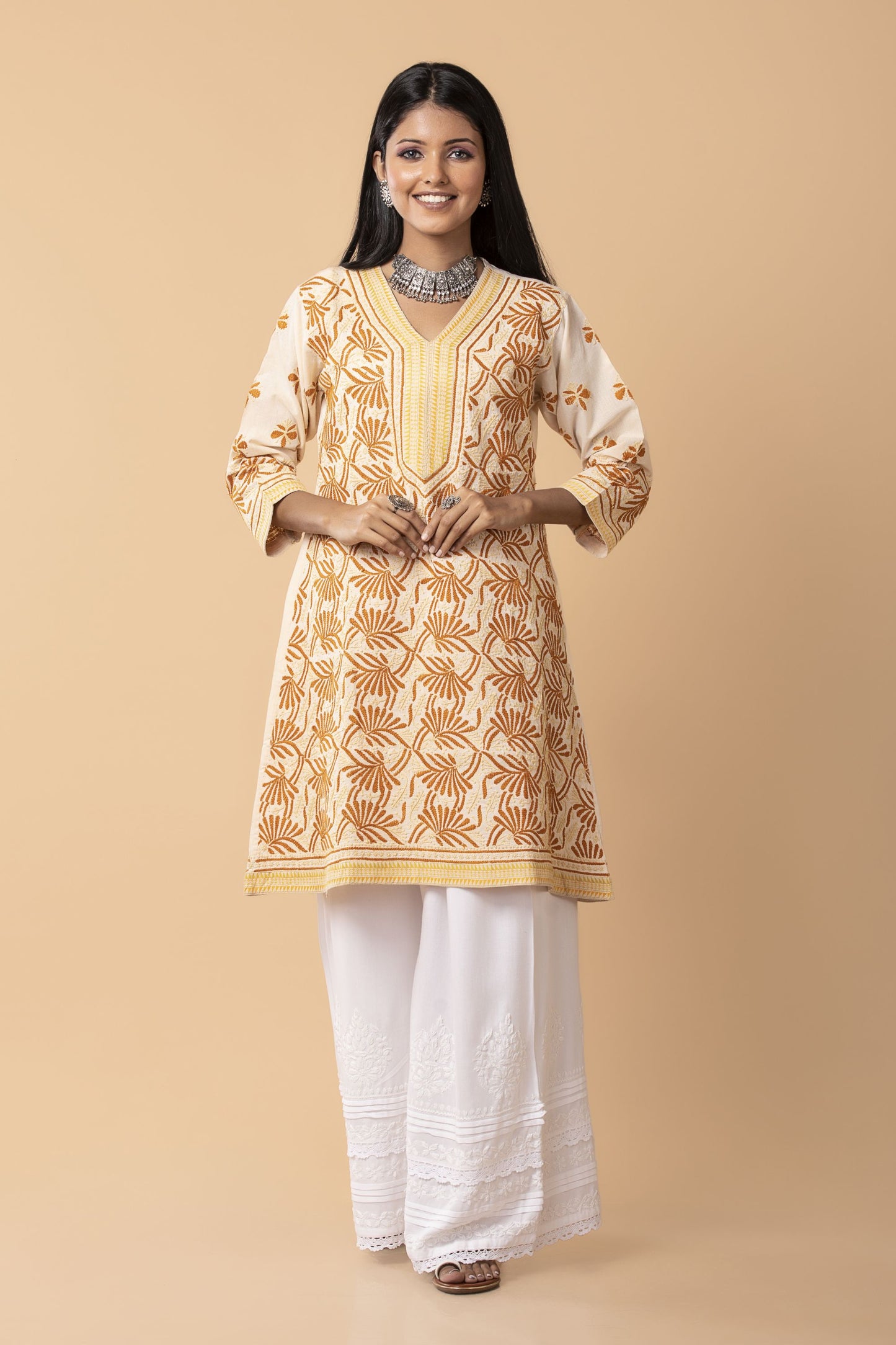 Hand Chikankari  south Cotton knee length  Nice Fawn Colour kurti Lucknow Chikan Emporium