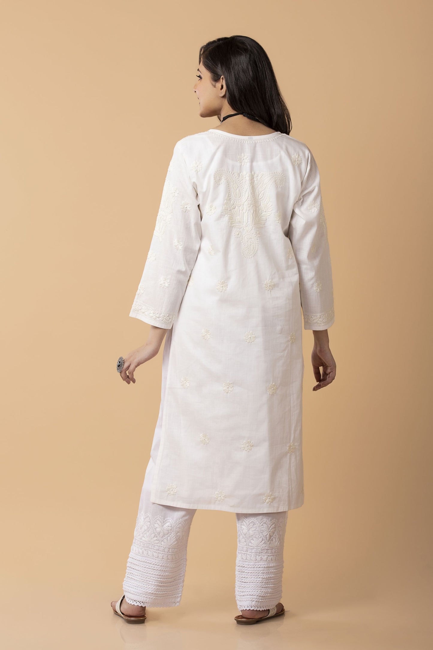 Lucknow Chikan Emporium Hand embroided cotton Chikankari Off-white  Angarkha.