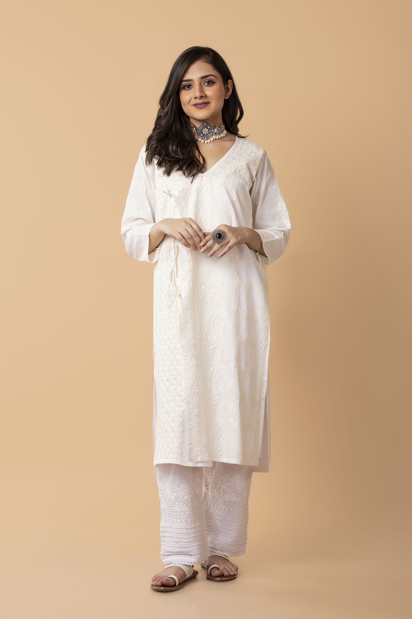 Lucknow Chikan Emporium Hand embroided cotton Chikankari Off-white  Angarkha.