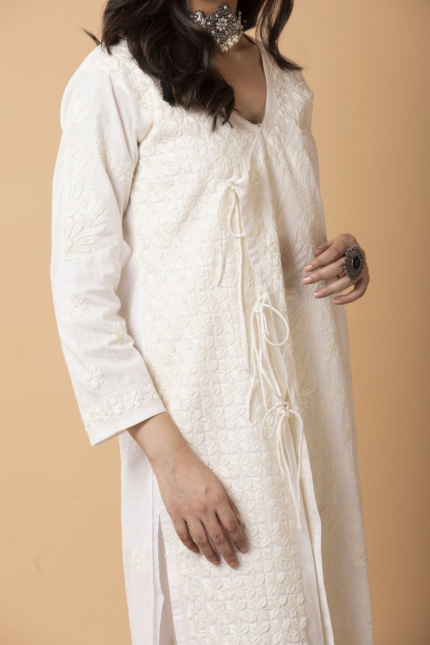 Lucknow Chikan Emporium Hand embroided cotton Chikankari Off-white  Angarkha.