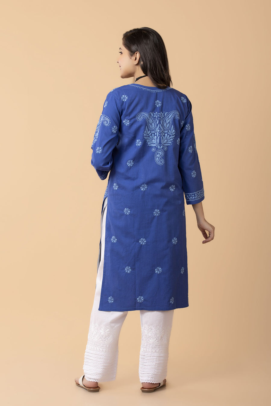 Lucknow Chikan Emporium Hand embroided Cotton  skin freindly Long Blue  Kurti.