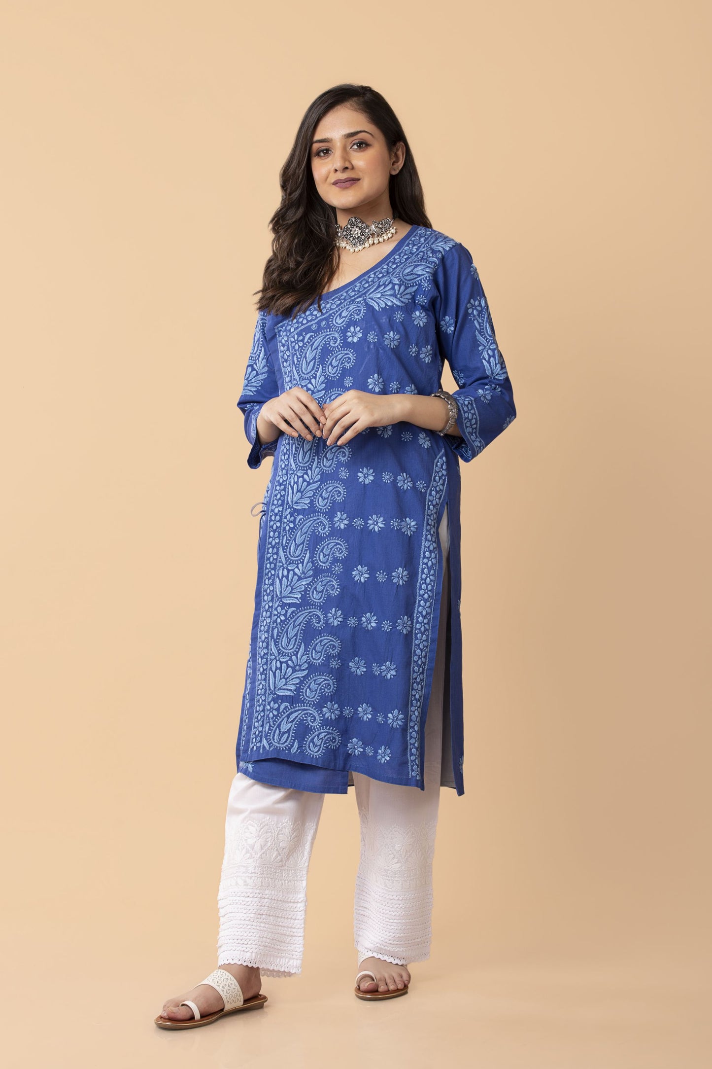 Lucknow Chikan Emporium Hand embroided Cotton  skin freindly Long Blue  Kurti.