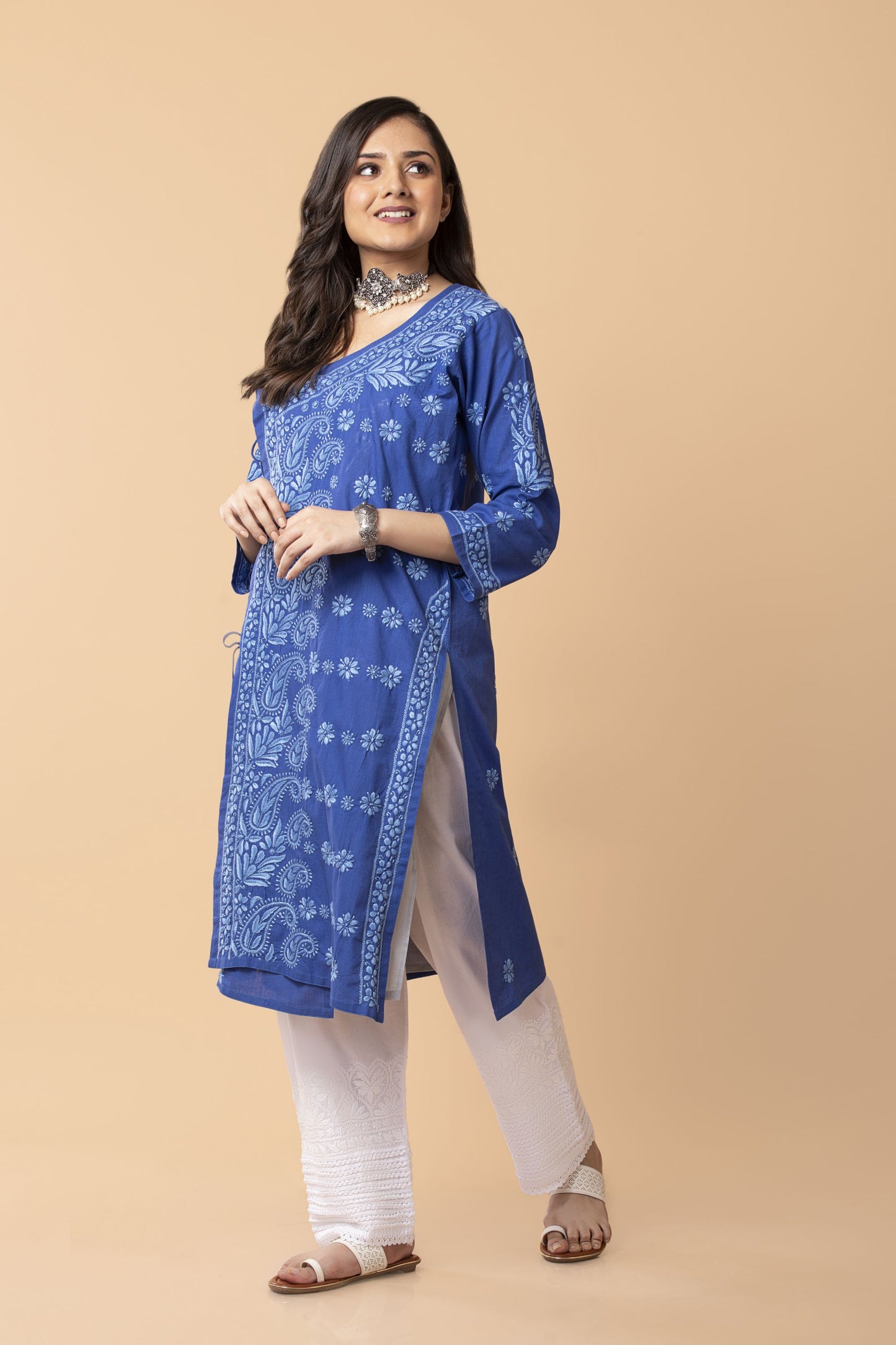 Lucknow Chikan Emporium Hand embroided Cotton  skin freindly Long Blue  Kurti.