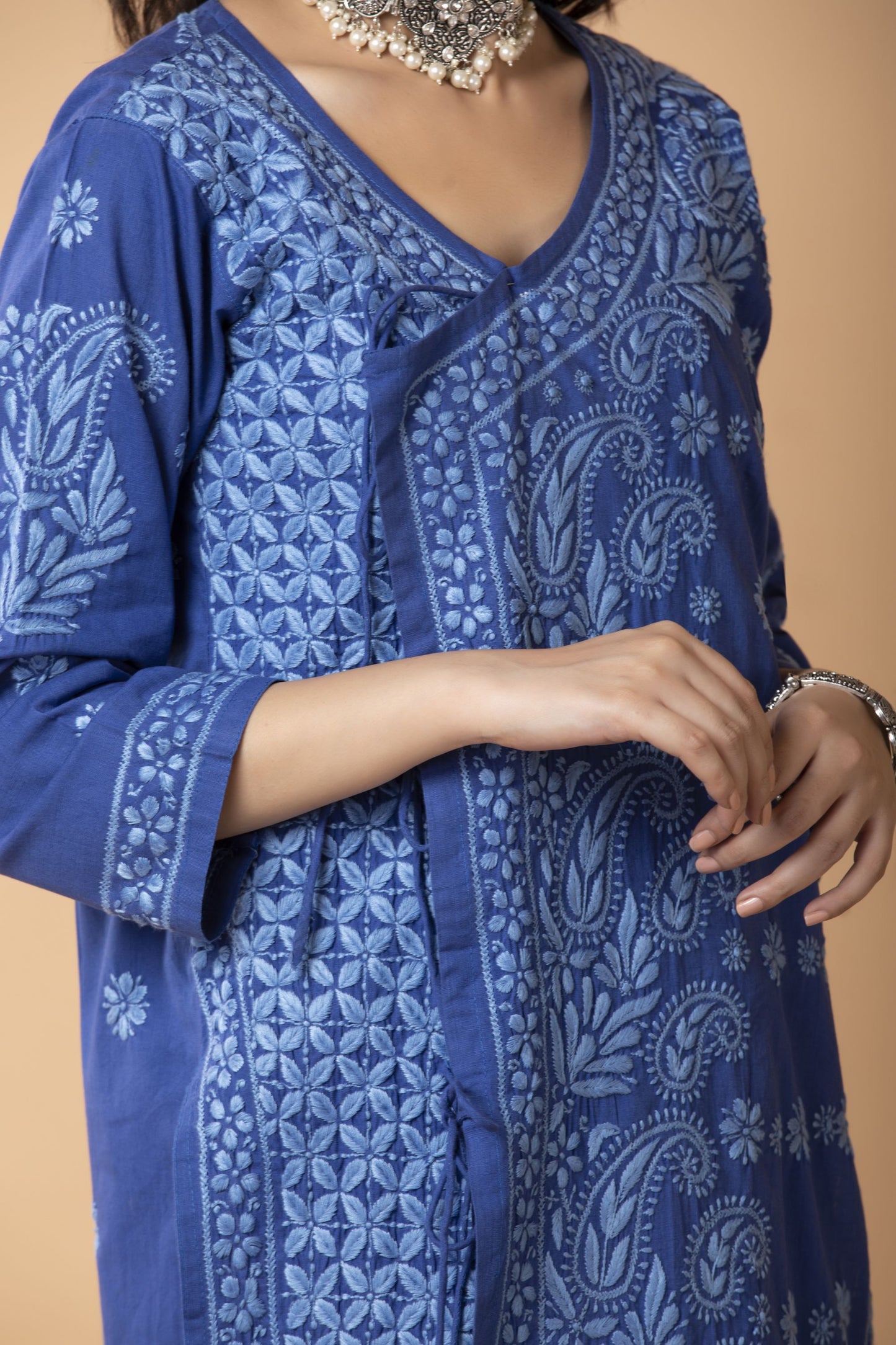 Lucknow Chikan Emporium Hand embroided Cotton  skin freindly Long Blue  Kurti.