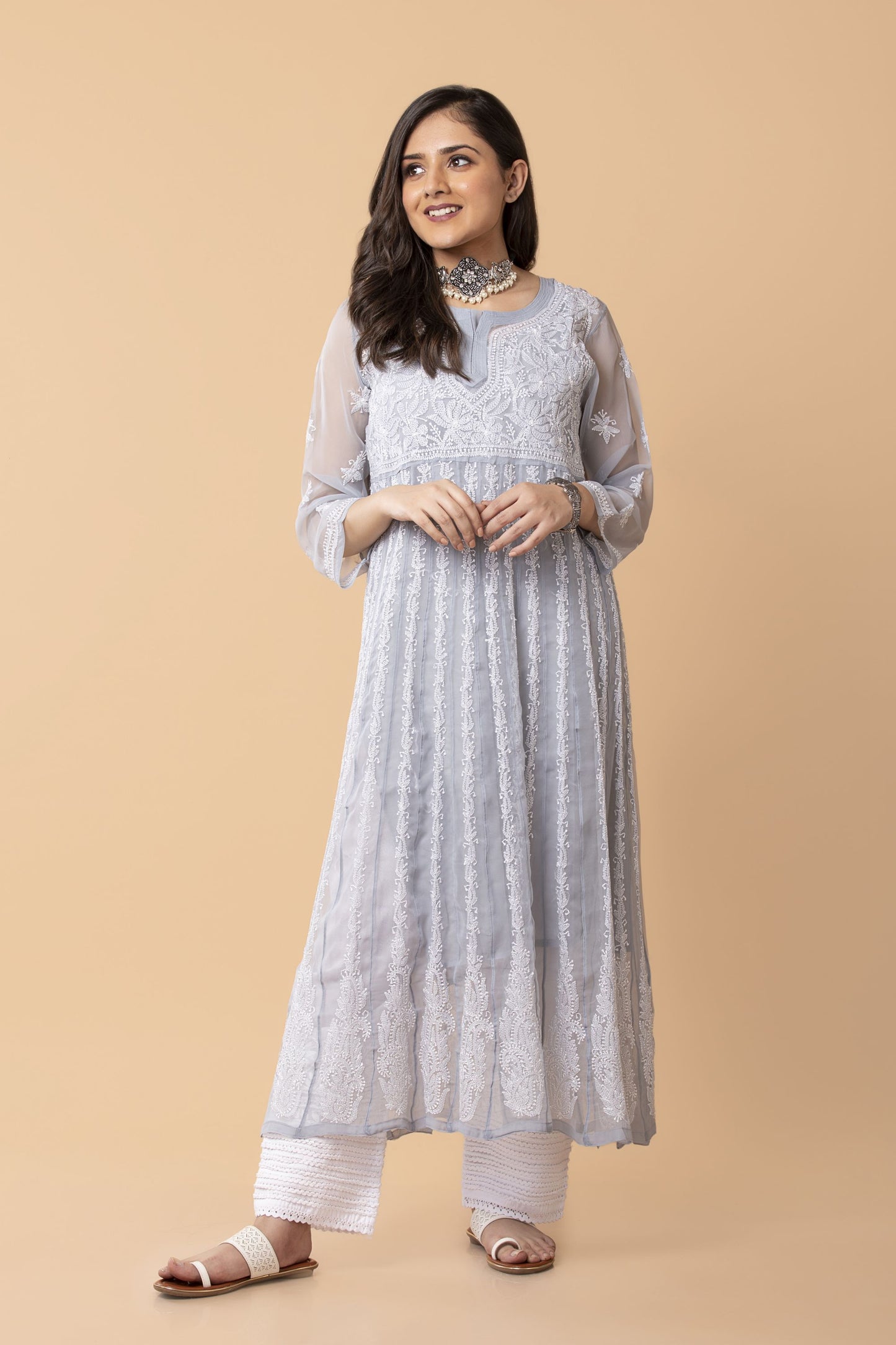 Lucknow chikan emporium hand embroided skin freindly semi georgette chikankari Grey Anarkali