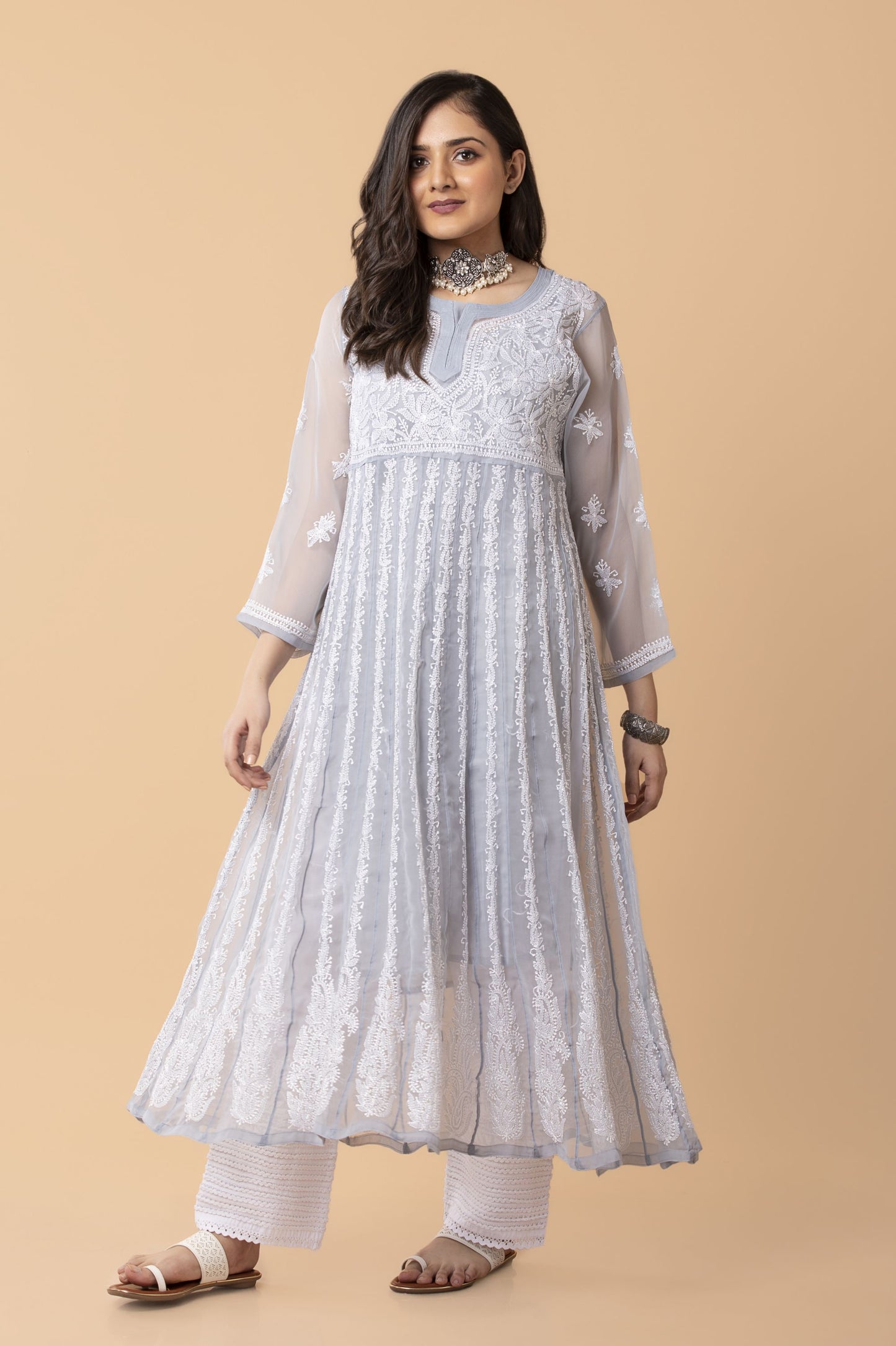 Lucknow chikan emporium hand embroided skin freindly semi georgette chikankari Grey Anarkali