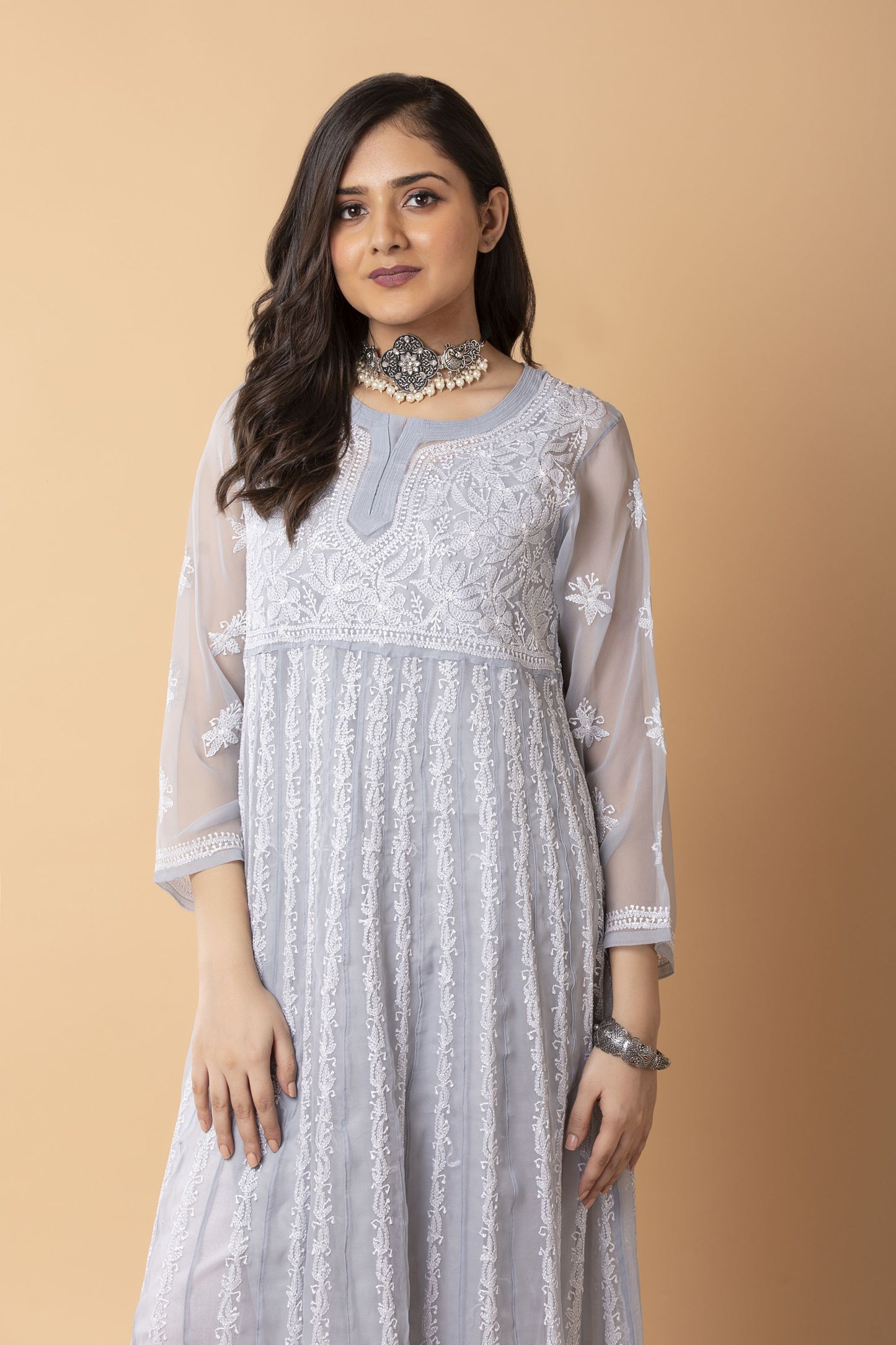 Lucknow chikan emporium hand embroided skin freindly semi georgette chikankari Grey Anarkali