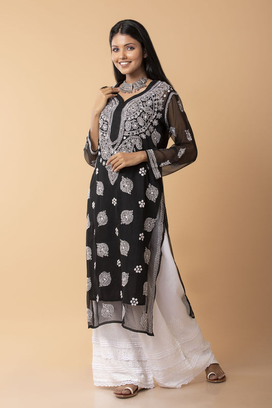 Nice Black Colour Hand Chikankari Georgette Long Kurti Lucknow Chikan Emporium.