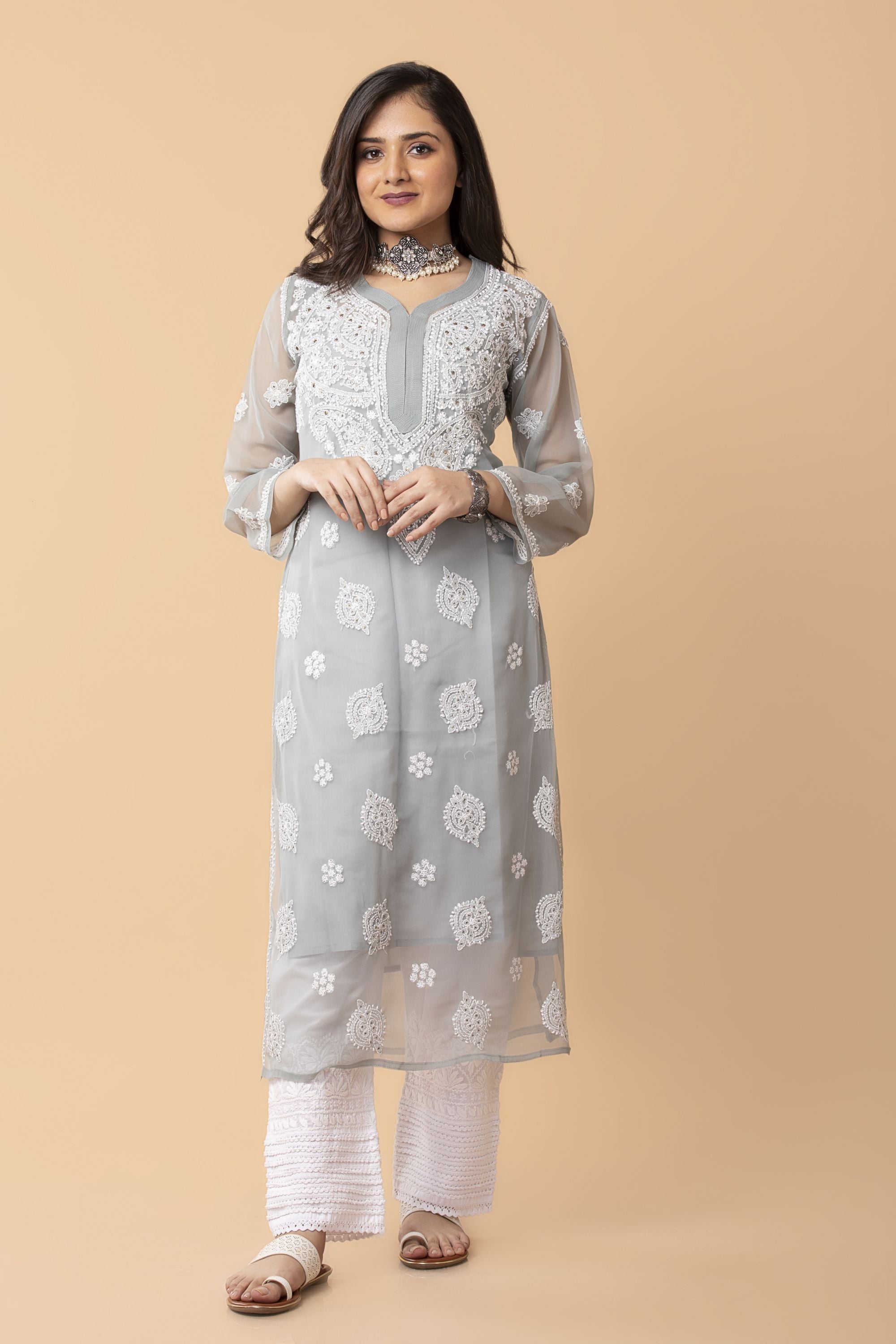 08-01-Georgette Heavy Hand Worked Party Wear Kurti-Gray-08-01-003 – Colours  Trendz